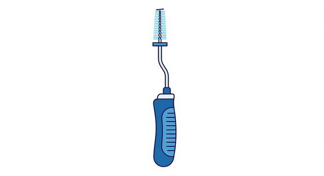 Blue interdental brush illustration for dental hygiene and plaque removal between teeth, isolated on white background. Professional tool for orthodontic care and daily oral health.