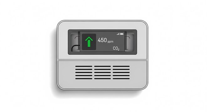 Digital CO2 monitor device showing 450 ppm carbon dioxide levels with green arrow on electronic sensor display for indoor air quality, health and safety environment monitoring.