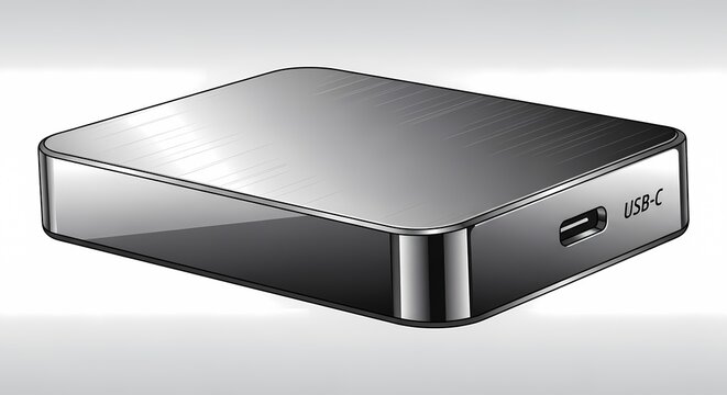 Modern metallic external hard drive or USB-C hub with brushed aluminum finish, sleek portable data storage device isolated on white background for technology and business concept.