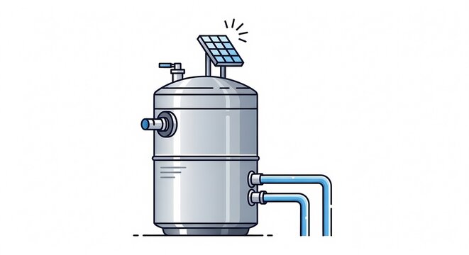 Modern solar water heater system illustration featuring a metallic storage tank with integrated energy panel and blue pipes in a clean flat vector design style.