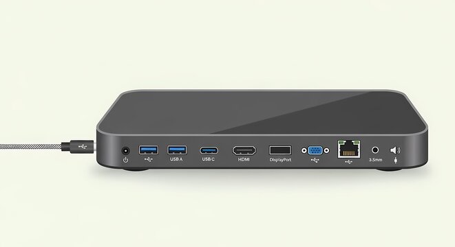 Modern Universal Docking Station with Multiple Ports USB-C HDMI DisplayPort Ethernet and Audio Jack for Laptop and Computer Workstation Setup