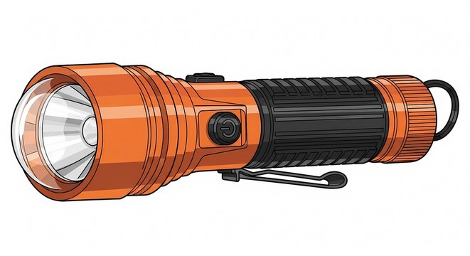 Orange Tactical Flashlight Illustration with Black Grip and Pocket Clip, Portable Emergency LED Torch Lighting Equipment Vector Style Graphic Isolated on White Background