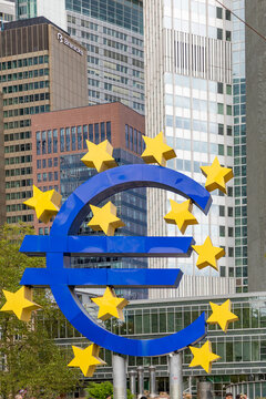 the EURO sign downtown Frankfurt as symbol for Europe at Willi Brandt town square.