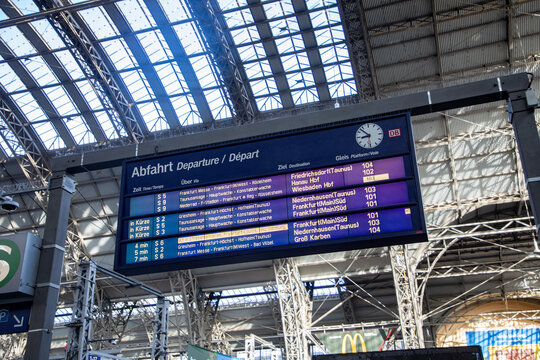 electronic time table at the central train station in Frankfurt with display of the local destinations in the S-Plan schedule.