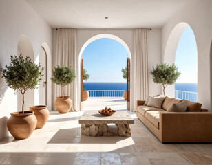 Obraz premium A tranquil Mediterranean living room with arches, no people, offers serene sea views. Elegant stone furniture and potted olive trees create a peaceful, luxurious escape for travel or design.