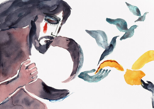 Jesus in Prayer and Surrender, Biblical Hand-Painted Watercolor with Flying Birds