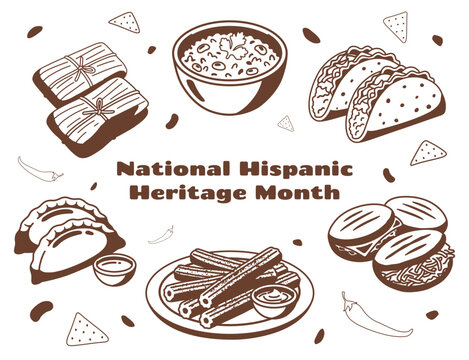 National Hispanic Heritage Month Latin American food set with tamales, tacos, empanadas, churros and arepas, monochrome hand drawn line art