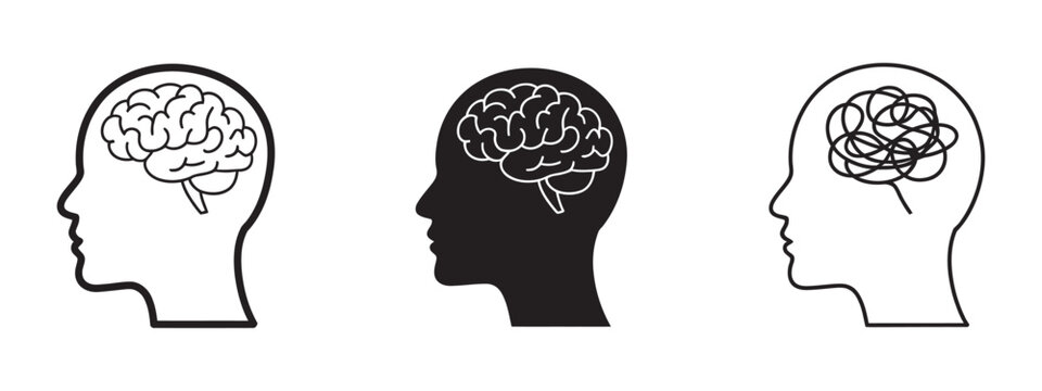 Human mind and psychology profile icon set, simple linear solid and doodle styles for mental health psychology brain therapy and counseling


