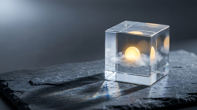 Glowing yellow light inside a clear glass cube on stone