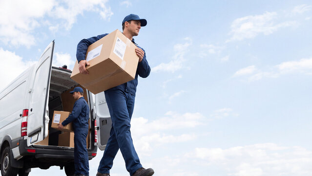 Two Delivery Workers Carrying Cardboard Boxes from Cargo Van with Copy Space