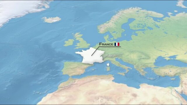 Animated map highlighting the location and outline of France. Geographic visualization suitable for travel, geography, news, documentary and educational content.