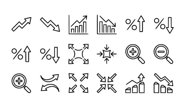 Hand drawn business growth and analytics icon collection featuring arrows, percentages, charts, magnifying glasses, expansion, decline, and financial trends