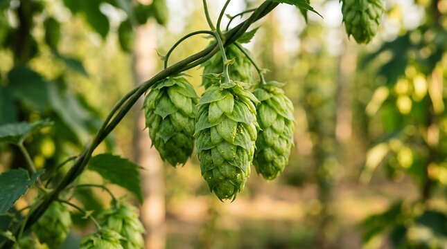 Fresh green hop cones growing on vines in a sunny hop garden with green hops