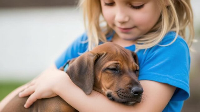 A young girl gently holding and hugging a cute rhodesian ridgeback puppy in her arms, showing a tender moment of love and companionship
