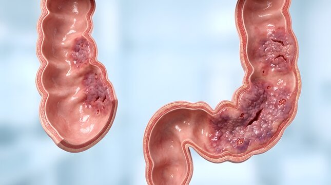 Internal view of inflamed colon lining showing symptoms of ulcerative colitis and disease.