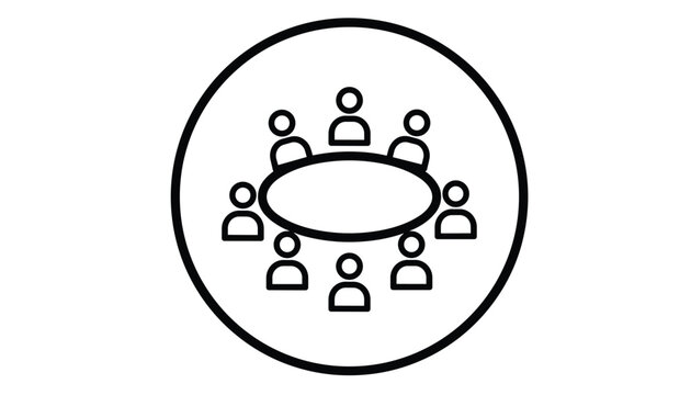 Business team sitting around circular conference table inside a circle outline icon representing board meeting.