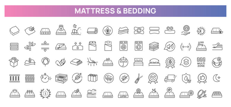 Mattress and Bedding Icons. Sleep Comfort, Materials and Mattress Features
