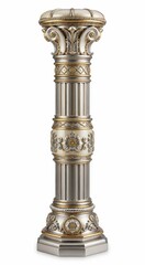 Obraz premium Ornate classical decorative column pedestal in silver and gold, isolated