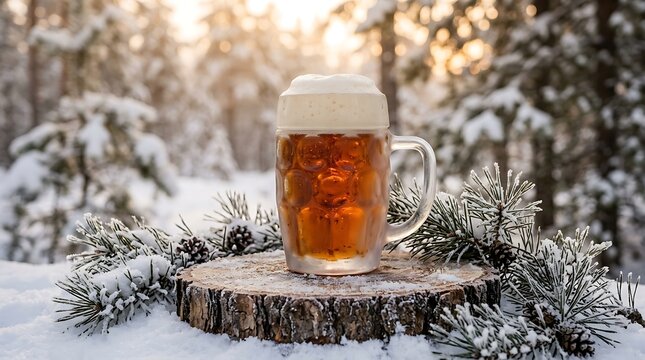 Glass mug of fresh beer on a wooden tree slice in a snowy winter forest