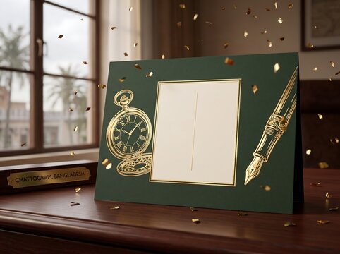 Elegant green greeting card mock up with gold foil vintage clock and pen on a wooden table