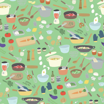 Seamless kitchen pattern background with cute cookware and food