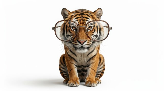 Cute tiger cub wearing oversized eyeglasses, smart funny animal portrait on white background, quirky tiger illustration