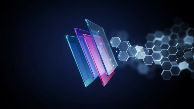 Abstract digital featuring layered translucent glass rectangles and glowing hexagonal patterns