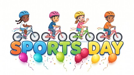 Fototapeta premium Four happy kids riding bikes celebrating sports day with balloons