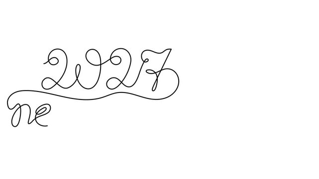 Hand writes 2027 one line art animation, hand drawn continuous contour motion. Holiday concept, festive New year handwriting text, minimalist design 4k