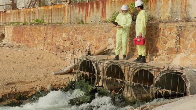 Two environmental scientists in hazmat suits inspect a sewer outfall, analyzing water quality and pollution for an environmental site assessment.
