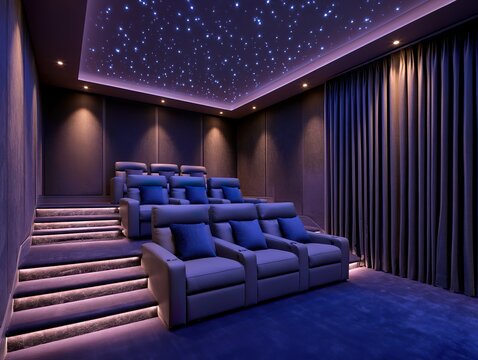 A beautifully designed luxurious private home theater features tiered seating and a stunning starry night ceiling for a truly immersive movie experience