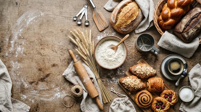 Top view of assorted bakery products and baking ingredients on rustic kitchen table with flour, bread, pastries and coffee, homemade baking concept with copy space