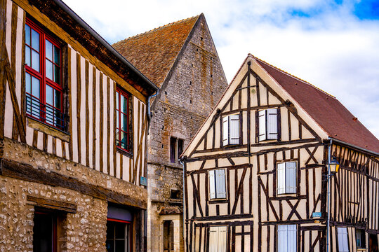 France: charming medieval half-timbered houses located on Rue Couverte in the upper town of the city of Provins, Seine-et-Marne.