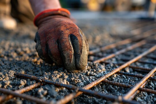 Engineer?s gloved hand inspecting concrete and steel reinforcement at bridge construction site