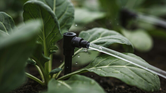 Close up of a black irrigation nozzle watering a green leafy vegetable plant in a garden soil bed