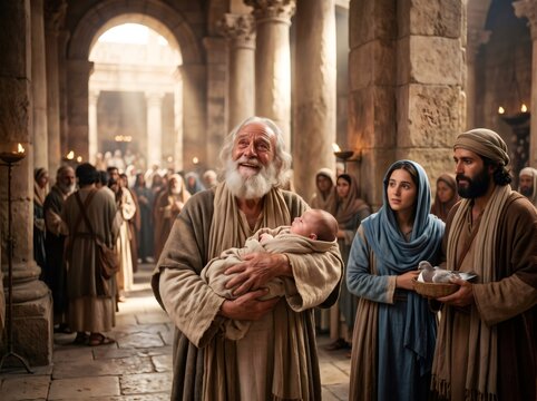 Simeon holding baby Jesus seeing the salvation