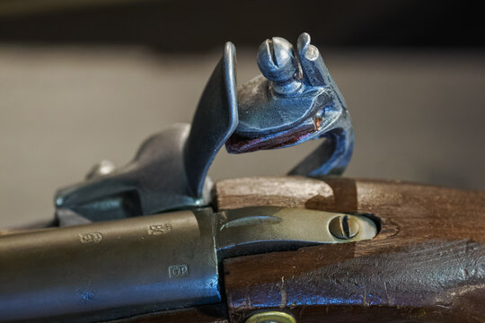 Detail of the lock mechanism on a musket.