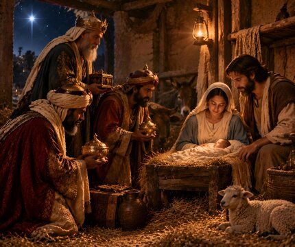 Three Wise Men adoring infant Jesus in Bethlehem stable