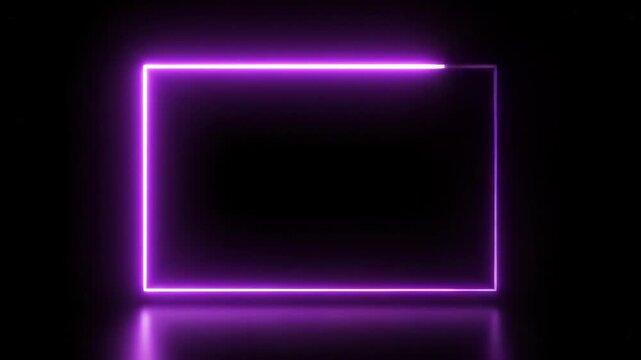 Purple neon rectangle glowing with cinematic motion on a reflective surface in darkness