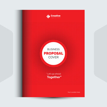 Modern red business proposal cover template featuring radial halftone dot background design