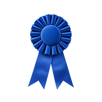 Blue award ribbon with pleated rosette and tails isolated on a transparent 