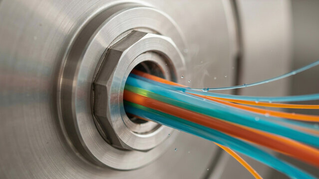 Close up view of industrial extrusion nozzle producing multicolored plastic strands with water
