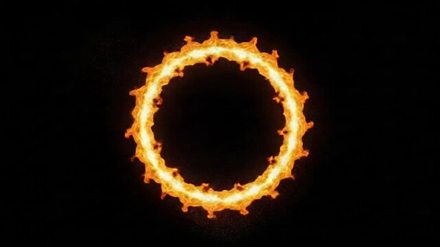 A glowing ring of fire isolated on a black background, realistic flame circle effect with sparks and embers
