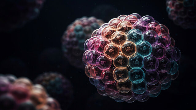 Cluster of colorful biological cells with visible nuclei floating in a dark microscopic environment