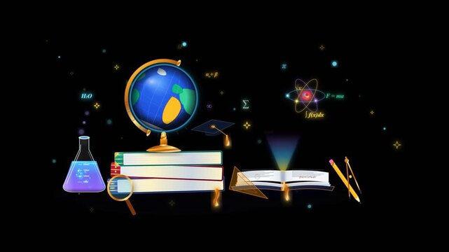 Vibrant educational elements with glowing scientific symbols against dark background, concept for animated document review, modern e-learning platform and digital textbook design