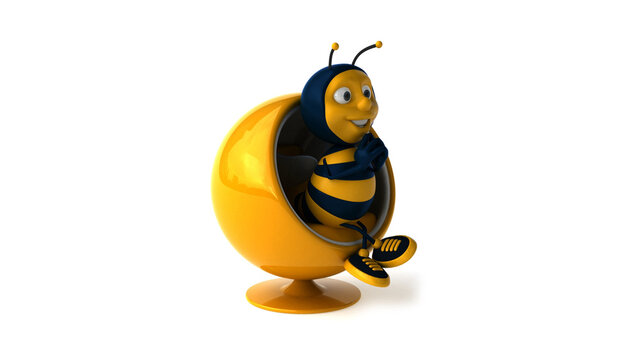 3D cartoon bee sitting on egg isolated on white