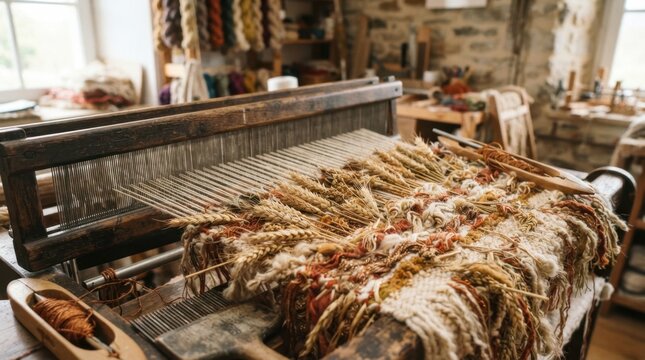 Traditional loom with woven textiles in workshop