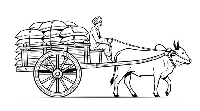 Bullock cart vector illustration carrying grain sacks with farmer driving ox in traditional rural transport style