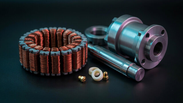 Disassembled industrial motor parts including copper coils, metal shaft, and small rings