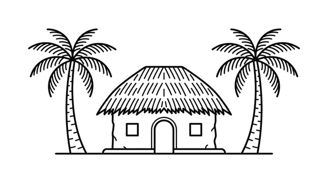 Hut vector illustration with palm trees and thatched roof outline drawing